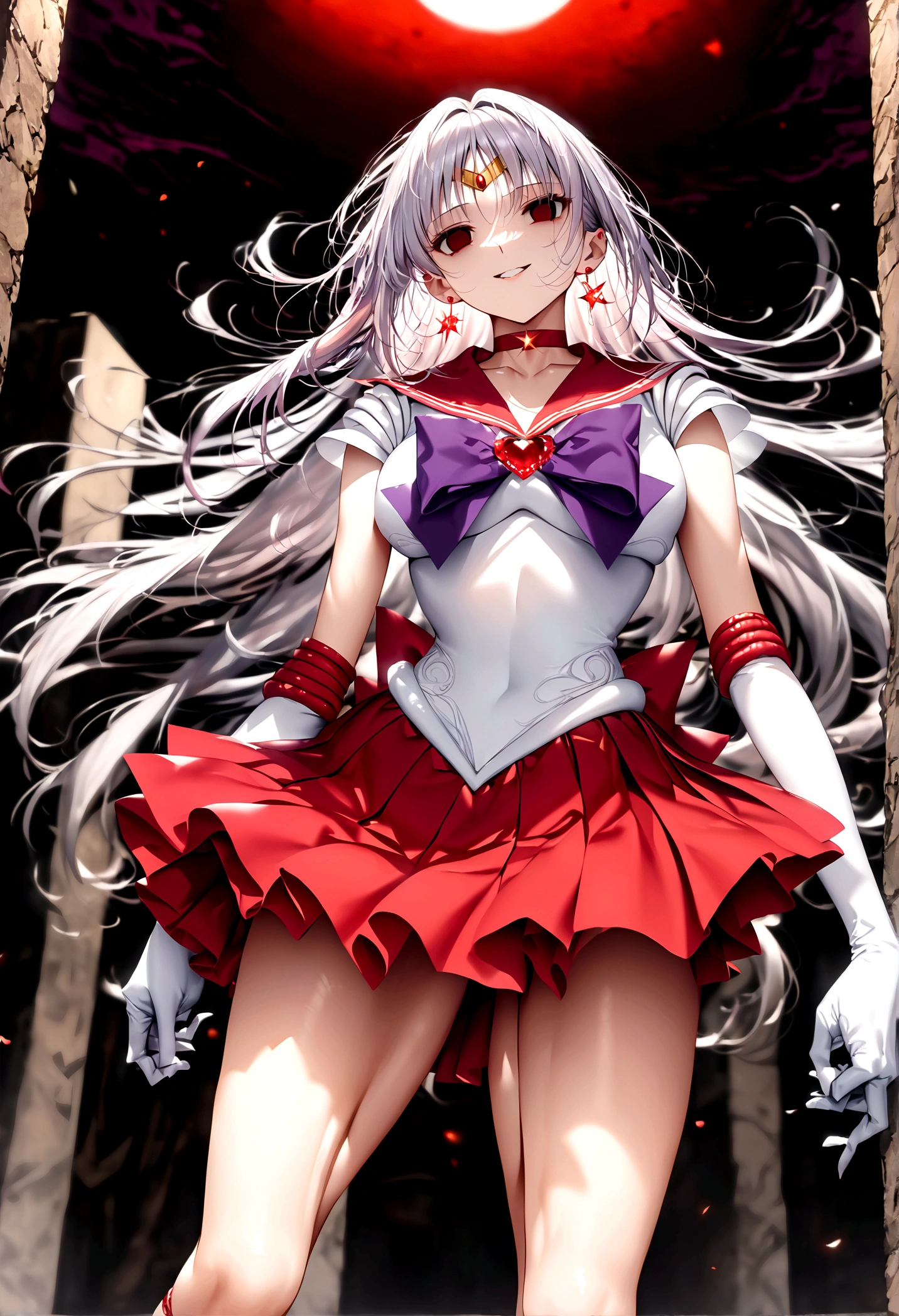 (masterpiece, Highest quality, so beautiful, Super detailed), Intricate details, 12k, Honestly, red eyes, Raamars, long hair, black hair, tiara, earrings, red choker, red sailor collar, purple bowtie, white shirt, elbow gloves, white gloves, pleated skirt, red skirt, bare legsAre standing, full body,,(evil smile:1.2), 1girl,(Silver Hair:1.4),(empty eyes,:1.4),from below,looking dawn,dark aura,View your viewers
