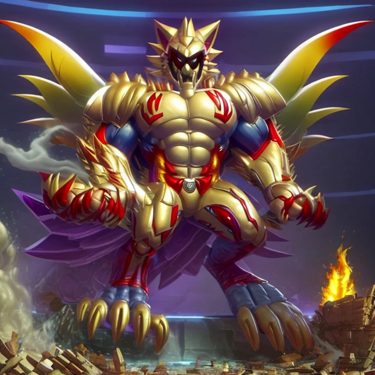 (masterpiece. official art. 8k. best quality. detailed full body. full body.)

(situation 1 : dominating The Phoenix Wolf. The Phoenix Wolf is over 1000 meters long. focus GIANT mechanical Muscular The Phoenix Wolf is trampling the car. Looking down.)

(situation 2 :smoke and flames rising from the destruction in the city)

(Additional details 1: Wearing golden Armor. Cape. Helmet. real texture material. whole body shines like metal. emphasizes the muscles. suit fully made of metal.Robotic suit. no face.).

(Additional details 1.5: The arms are golden. The lower half of the body is golden. The wolf-shaped helmet has sharp fangs. The whole body is golden. The chest area is also golden. There is a ring above the head.).

(Additional details 2: Detailed head. Detailed Body. Detailed abs. gigantic muscles. HYPER MUSCLES. Gigachad Muscular. big muscle. pecs. triceps. traps. unusually developed muscular body. body full of huge muscles. showing off muscles. pectorales enormes. Exaggeratedly huge muscles. huge muscles. long legs.).

(Additional details 3: Spread wings. It has wings. The claws are sharp. Sharp teeth.). He is laughing defiantly. The claws are sharp. Sharp teeth.). 