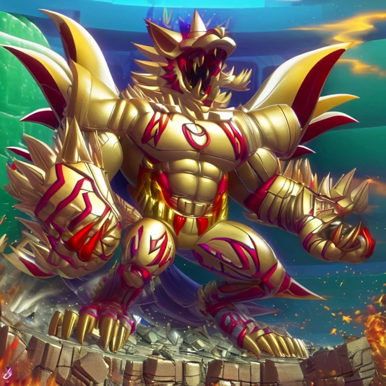 (masterpiece. official art. 8k. best quality. detailed full body. full body.)
(situation 1 : dominating The Phoenix Wolf. The Phoenix Wolf is over 1000 meters long. focus GIANT mechanical Muscular The Phoenix Wolf is trampling the car. Looking down.)
(situation 2 :smoke and flames rising from the destruction in the city)
(Additional details 1: Wearing golden Armor. Cape. Helmet. real texture material. whole body shines like metal. emphasizes the muscles. suit fully made of metal.Robotic suit. no face.).
(Additional details 1.5: The arms are golden. The lower half of the body is golden. The wolf-shaped helmet has sharp fangs. The whole body is golden. The chest area is also golden. There is a ring above the head.).
(Additional details 2: Detailed head. Detailed Body. Detailed abs. gigantic muscles. HYPER MUSCLES. Gigachad Muscular. big muscle. pecs. triceps. traps. unusually developed muscular body. body full of huge muscles. showing off muscles. pectorales enormes. Exaggeratedly huge muscles. huge muscles. long legs.).
(Additional details 3: Spread wings. It has wings. The claws are sharp. Sharp teeth.). He is laughing defiantly. The claws are sharp. Sharp teeth.).
