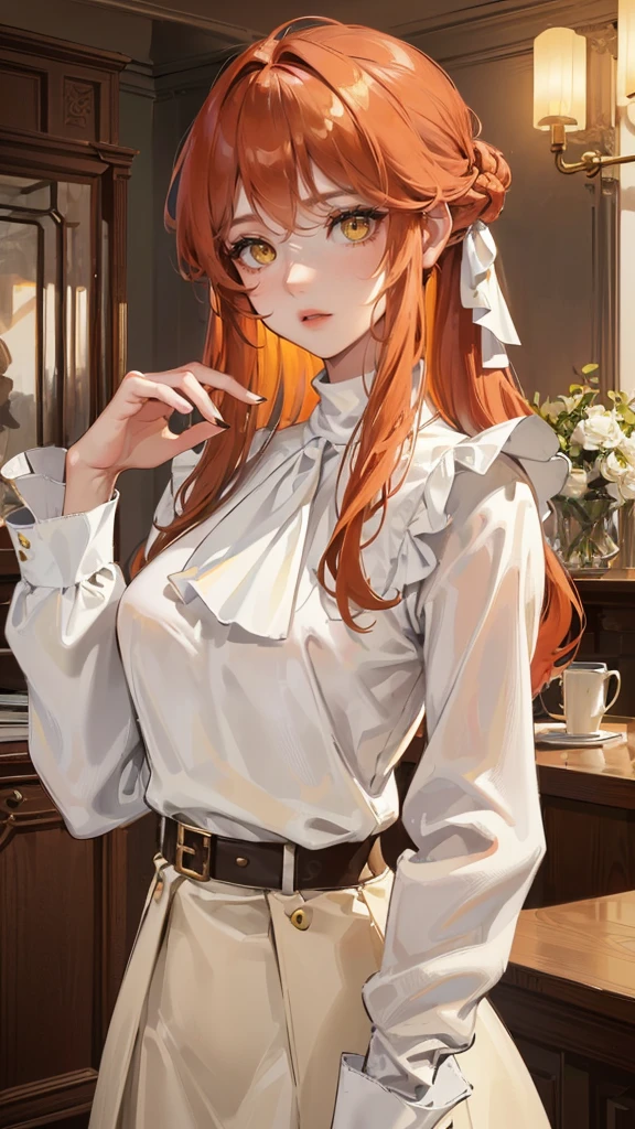 Photograph of the upper body of a beautiful woman,  , normal breasts, perfect body), Sharp focus, (tall body, mature woman), ((Looking ahead)), (Highly detailed skin, hair follicles:1.4,) (long  hairstyle ,ginger hair, yellow eyes) , (white blouses:1.47),(brown skirt),(sweater) ,  night light  , high quality ,normal expression, cottage core 