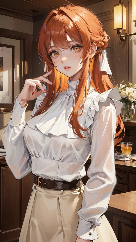 Photograph of the upper body of a beautiful woman,  , normal , perfect body), Sharp focus, (tall body, mature woman), ((Looking ahead)), (Highly detailed skin, hair follicles:1.4,) (long  hairstyle ,ginger hair, yellow eyes) , (white blouses:1.47),(brown skirt),(sweater) ,  night light  , high quality ,normal expression, cottage core 