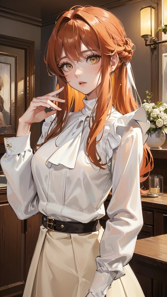 Photograph of the upper body of a beautiful woman,  , normal breasts, perfect body), Sharp focus, (tall body, mature woman), ((Looking ahead)), (Highly detailed skin, hair follicles:1.4,) (long  hairstyle ,ginger hair, yellow eyes) , (white blouses:1.47),(brown skirt),(sweater) ,  night light  , high quality ,normal expression, cottage core 