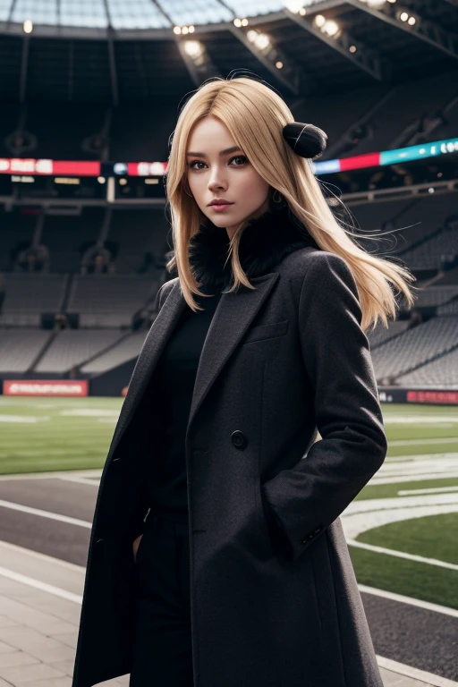 Cynthia,Long blonde hair, hair ornaments, Hair on one eye, Grey Eyes, Black coat, Black trousers,Fur collar, View your viewers, Severe, Are standing, Medium Shot, Stadium, cloudy, winter, high quality, masterpiece,  黒いhair ornaments