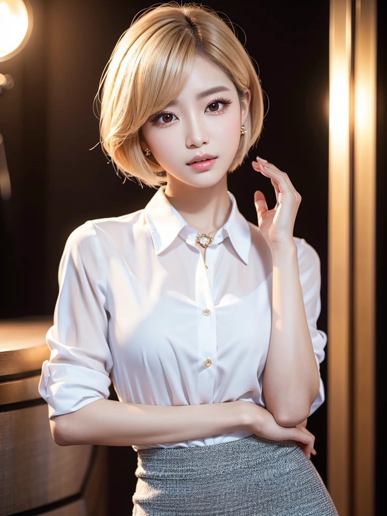 a beautiful young korean idol woman, 1girl, detailed eyes, beautiful detailed lips, long eyelashes, extremely detailed face and skin, flawless makeup, elegant expression, intricate jewelry, detailed clothing, complex background, (best quality,4k,8k,highres,masterpiece:1.2),ultra-detailed,(realistic,photorealistic,photo-realistic:1.37),studio lighting,HDR,vivid colors,professional photography,short bob,blonde hair,mini skirt,white shirt