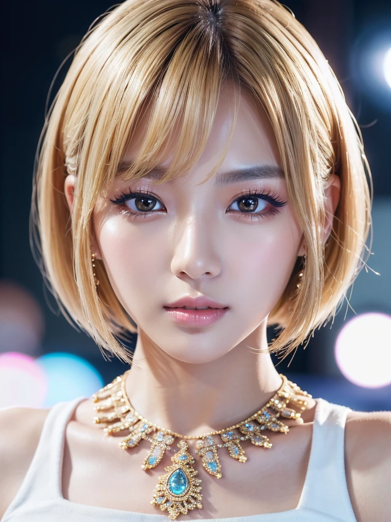 a beautiful young korean idol woman, 1girl, detailed eyes, beautiful detailed lips, long eyelashes, extremely detailed face and skin, flawless makeup, elegant expression, intricate jewelry, detailed clothing, complex background, (best quality,4k,8k,highres,masterpiece:1.2),ultra-detailed,(realistic,photorealistic,photo-realistic:1.37),studio lighting,HDR,vivid colors,professional photography,short bob,blonde hair,mini skirt,white shirt