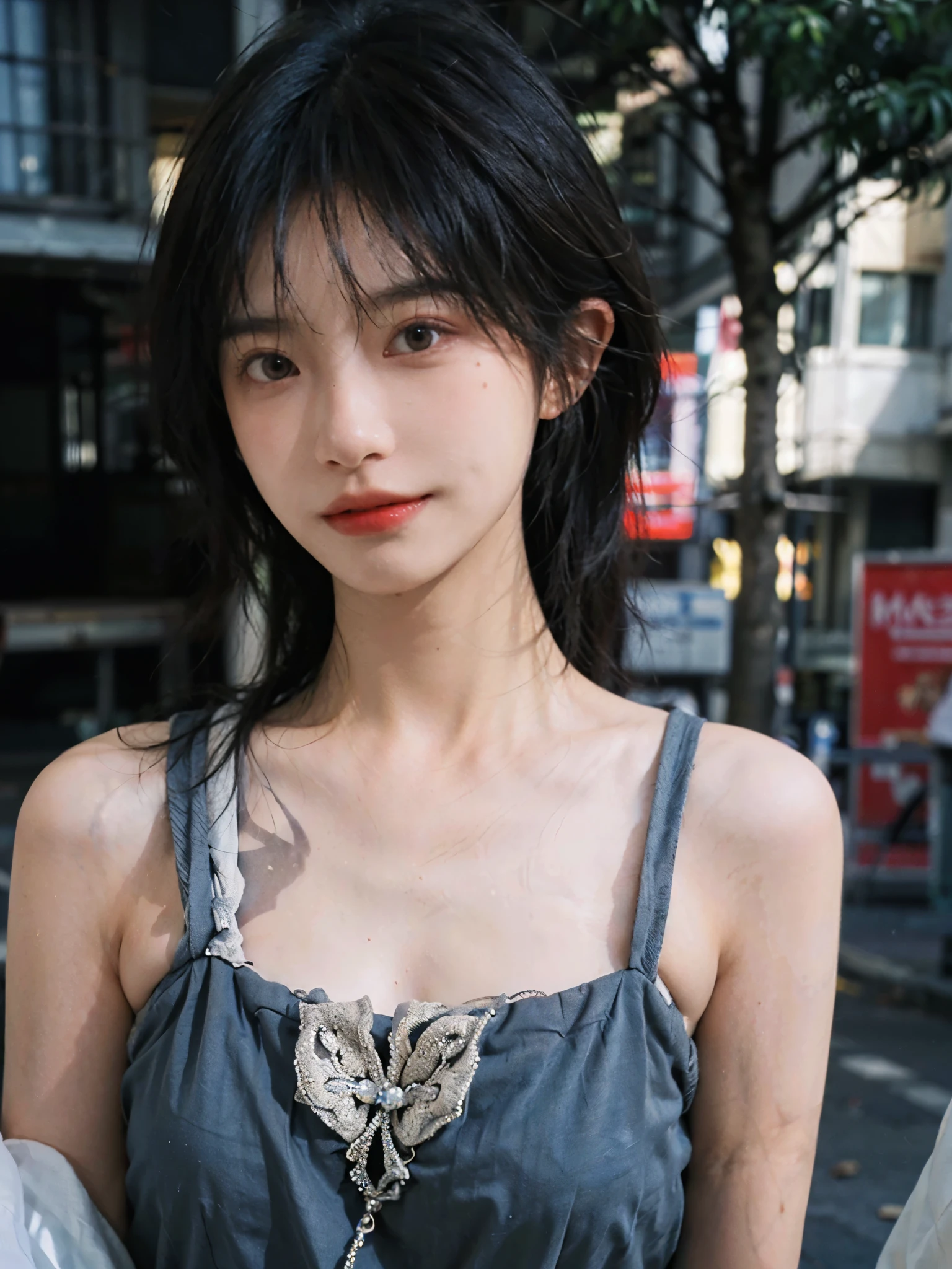 (Skin details:1.4), (smooth skin textures:1.3), (Upper body:1.4),(Upper Body:1.3)Lipstick, background, earrings, serene, calm, Suspenders,(Realistic and detailed eyes:1.2), Natural skin texture, Realistic facial details, Soft dramatic lighting, Vivid details, 35 mm film, outdoor, (Photo Practical:1.4), (hyper Practical:1.4), (Practical:1.3), (Smoother lighting:1.05), (Improve lighting quality:0.9), (Highest quality real skin textures:1.4), Exquisite eyes, Delicate face, Close-up of face, (Enhance the beauty of skin texture:1.1), Hair details,(Large Breasts:1.3)normal body ratio, short hair, Moles under the eyes, A faint smile,Portrait Photography, Depth of Field, Bokeh, Surrealism, Ray Tracing, (Portrait Photography:1.1), Surrealism, High Detail, Chiaroscuro, Ray Tracing, reflected light, Ultra HD, Ultra HD, masterpiece, Textured Skin, Super Detail, High Detail, high quality, best quality