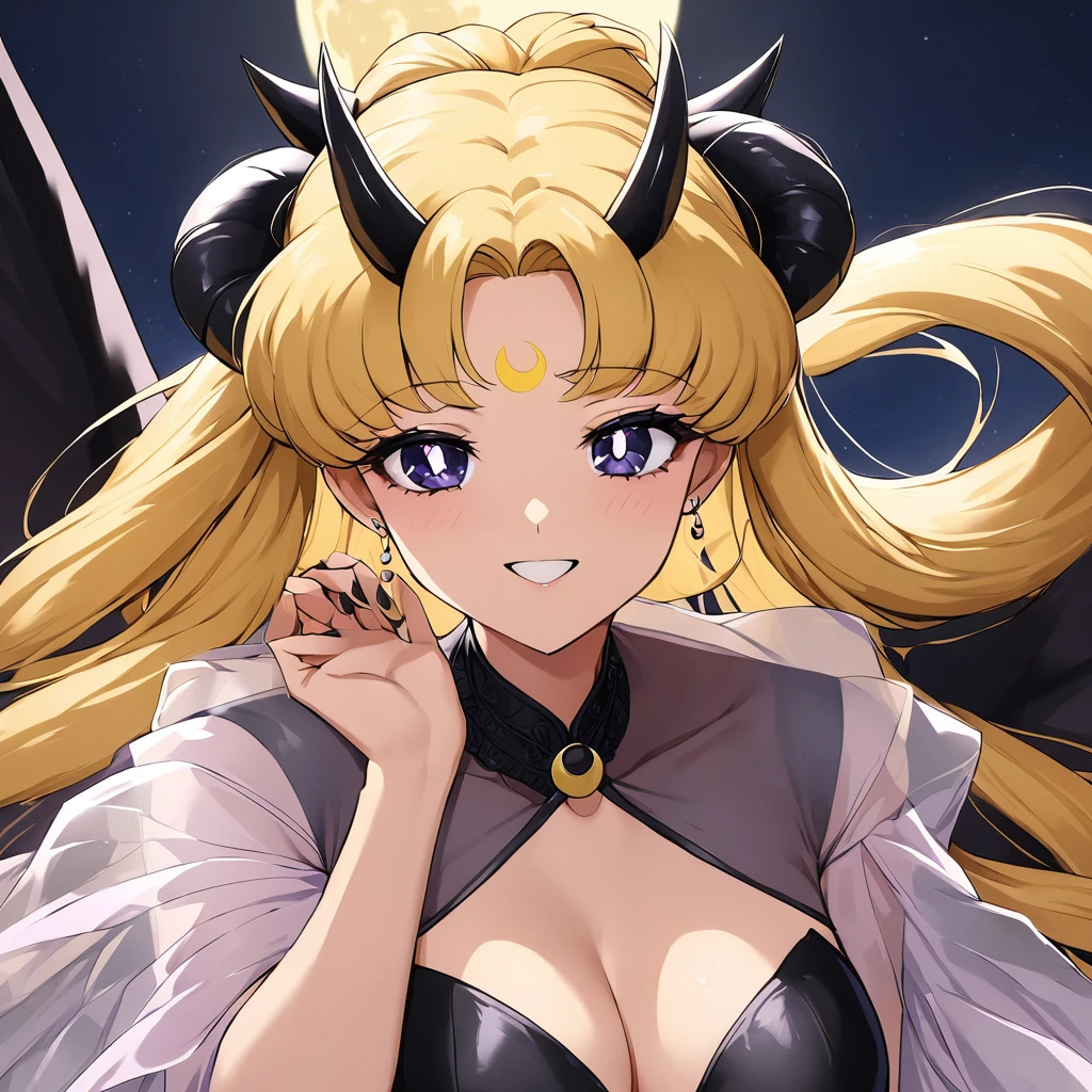 ((Highest quality)), ((masterpiece)), (detailed), (Perfect Face)、The woman is the bride of the Demon King, the Dark Queen of the Black Moon of the Black Moon Clan, the Demon Queen Black Serenity, and the woman is the jet-black, sexy demon princess Serenity.、The woman is a jet-black female demon with magnificent devil horns, jet-black devil wings, and a jet-black tail. Her skin is jet-black, and she has a black inverted crescent moon mark on her forehead. She is wearing a luxurious, voluminous black ta Gothic Victorian dress, a black veil, and a black see-through cape. She is the jet-black demon Princess Serenity, and has blonde hair, looking at the camera with a happy expression.2The expression of a girl in love with her long hair tied up、Woman is Black Serenity、Punishment pose on behalf of the moon