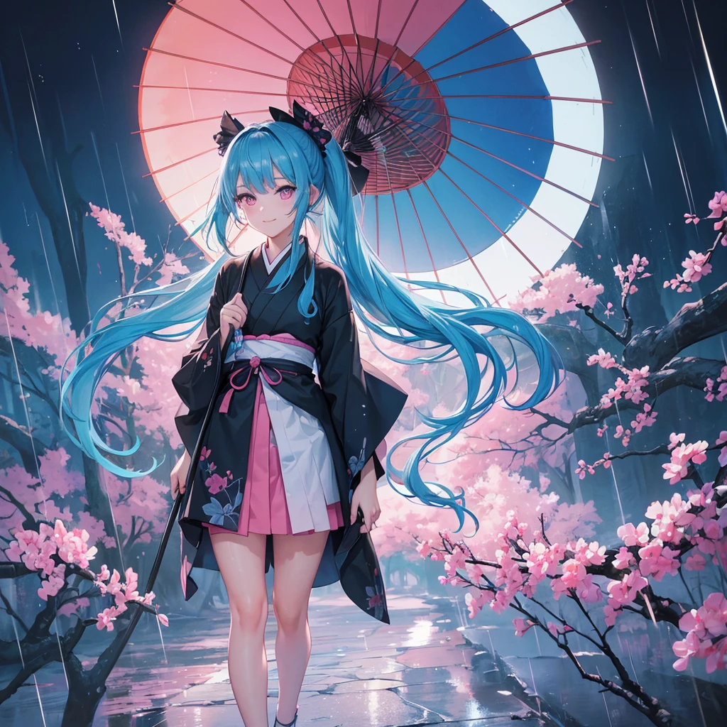 sky Blue hair, (braided ponytail),(pink eyes),fair skin ,(full body),(1 girl),smile,Straight Bangs,(masterpiece, best quality, ultra-detailed, best shadow), (detailed background), (beautiful detailed face), high contrast, (best illumination, an extremely delicate and beautiful), ((cinematic light)), colorful, hyper detail, dramatic light, intricate details,rain shower,kyoto,Japanese Umbrella,black kimono,