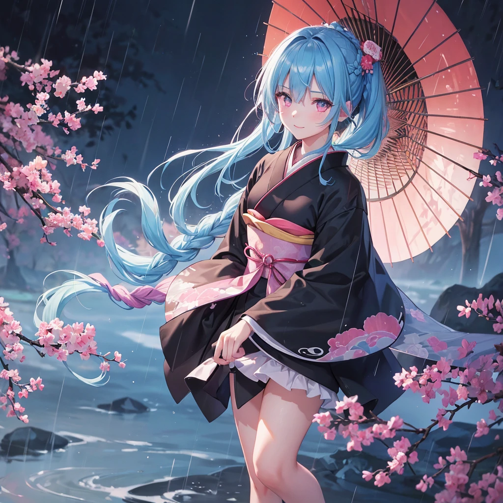 sky Blue hair, (braided ponytail),(pink eyes),fair skin ,(full body),(1 girl),smile,Straight Bangs,(masterpiece, best quality, ultra-detailed, best shadow), (detailed background), (beautiful detailed face), high contrast, (best illumination, an extremely delicate and beautiful), ((cinematic light)), colorful, hyper detail, dramatic light, intricate details,rain shower,kyoto,Japanese Umbrella,black kimono,