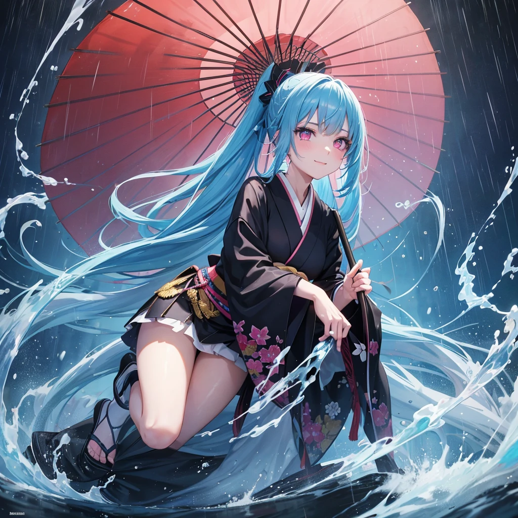 sky Blue hair, (braided ponytail),(pink eyes),fair skin ,(full body),(1 girl),smile,Straight Bangs,(masterpiece, best quality, ultra-detailed, best shadow), (detailed background), (beautiful detailed face), high contrast, (best illumination, an extremely delicate and beautiful), ((cinematic light)), colorful, hyper detail, dramatic light, intricate details,rain shower,kyoto,Japanese Umbrella,black kimono,