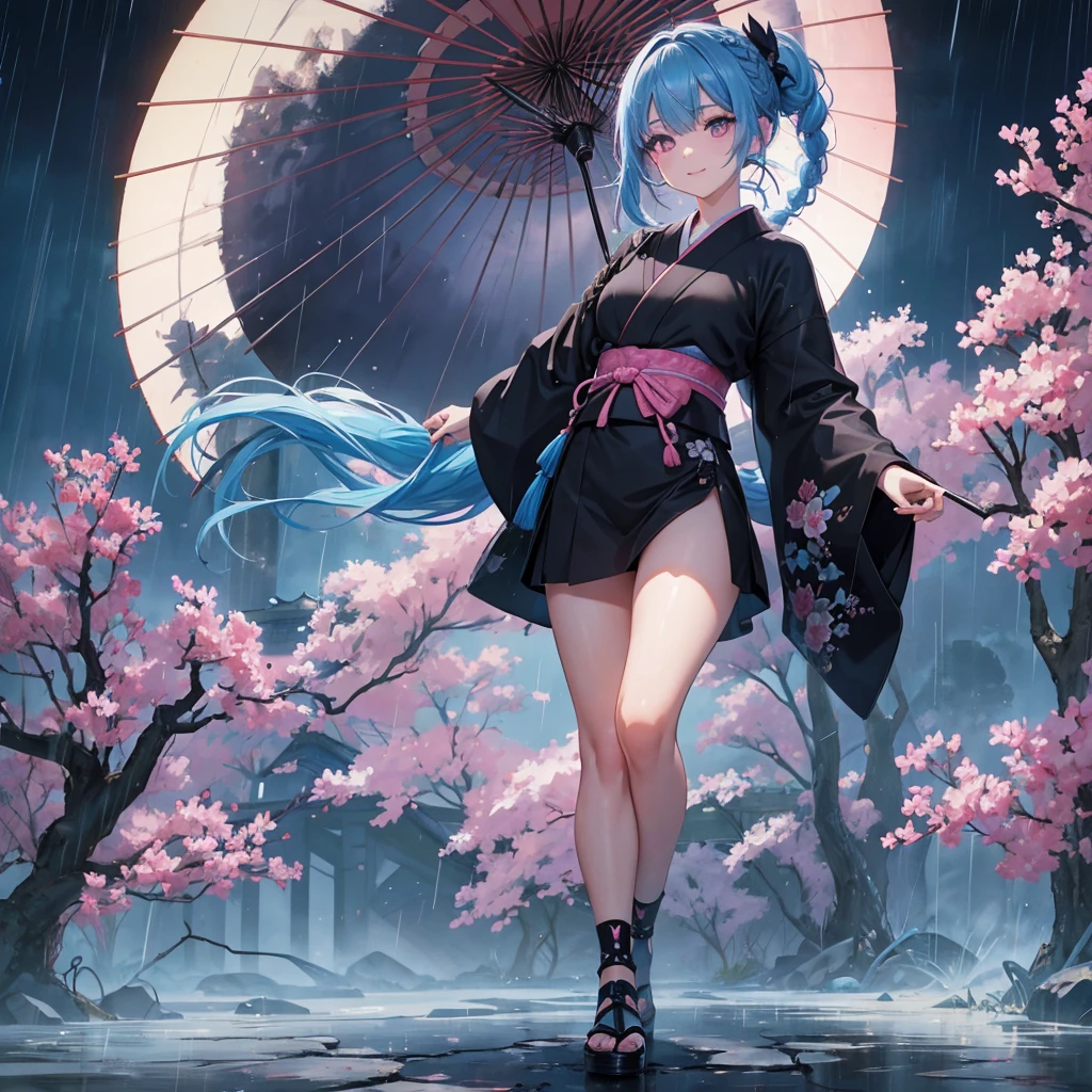 sky Blue hair, (braided ponytail),(pink eyes),fair skin ,(full body),(1 girl),smile,Straight Bangs,(masterpiece, best quality, ultra-detailed, best shadow), (detailed background), (beautiful detailed face), high contrast, (best illumination, an extremely delicate and beautiful), ((cinematic light)), colorful, hyper detail, dramatic light, intricate details,rain shower,kyoto,Japanese Umbrella,black kimono,