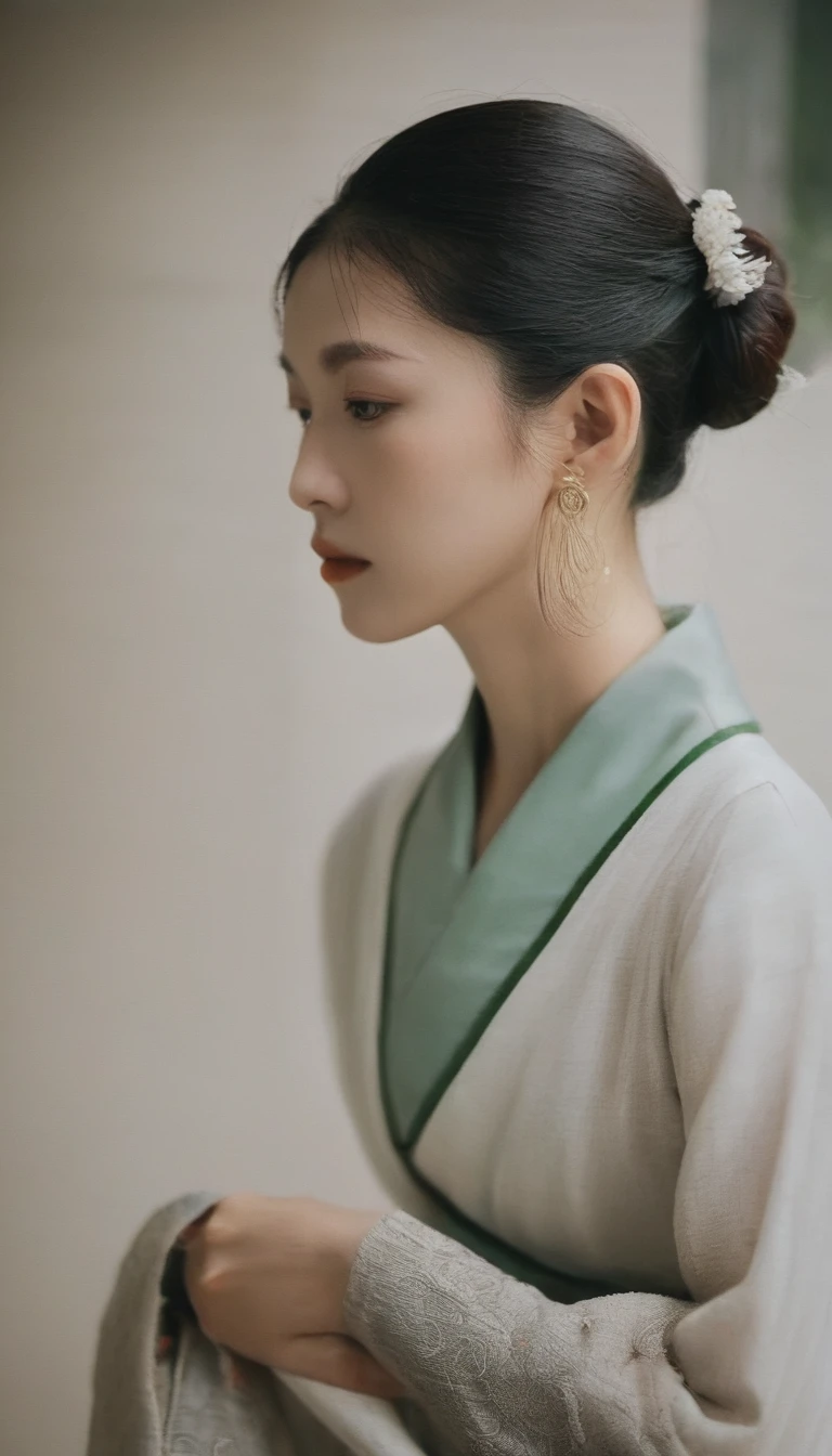 Close-up of a young East Asian woman's face、Wet Skin、Glossy lips、Orange lip、Big Eyes、Black Hair、Fingers touching cheek、Natural beauty、Soft lighting、High resolution、Photorealistic textures