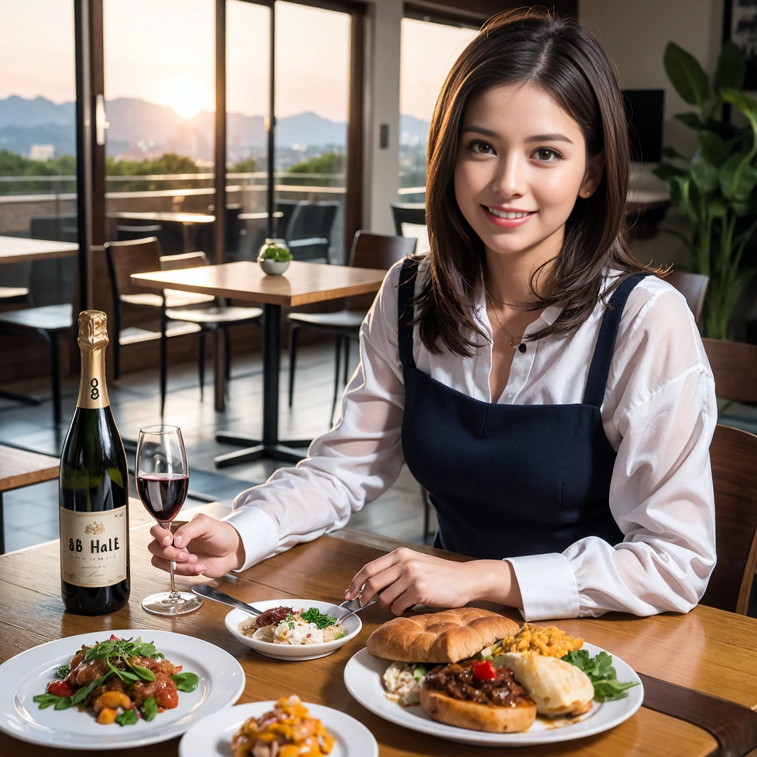 ((Highest quality、8K、masterpiece:1.3))、1 male、1 female、Couple、spouse、Couple、The body is slim、((Bob Hale、Straight hair:1.2)), (Realistic, Intricate details:1.2), テーブルの上のwine glass、Shine light on your face、 Amazing view of the sunset sky and clouds、Amazing mountain views、A bright smile、The wonderfulness of smile、Bright image、The beauty of wine, Beautiful Face, blue eyes, The light shines on your face, Blushing, short hair,Bright Face、 (Age 37), 39 years old, red wine 、Appetizers、Italian food、Wine bottle、Champagne、sparkling wine、Two beauties、Brown Hair、Shortcuts、Long sleeve shirt、dress、Beautiful woman 1, (slimな顔), (The body is slim), (Brown Hair), (Shortcuts), cheeks turn a little red,Attractive beauty、restaurant, In a prominent place (From the waist up) Nova Frog Style, actress, model, Upper Body, White wine, slim, wine glass, 中央に置かれたwine glass, smile, (smile: 1.15), Beautiful fine grain, Depth f/2,saturation, High Contrast, Strong light and shadow,Moist Body:1.5、3D texture、Delicate eyes、Brown Hair、The hair is very shiny、