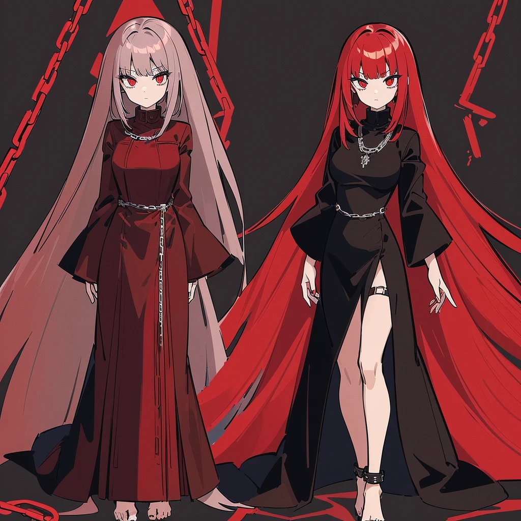 ((Red-haired girl in a dress wrapped in chains)), ((wearing a noble robe)), full body black and red longcoatu,((Bobcut)), ((full body black and red longcoat)), Anime full body illustration
