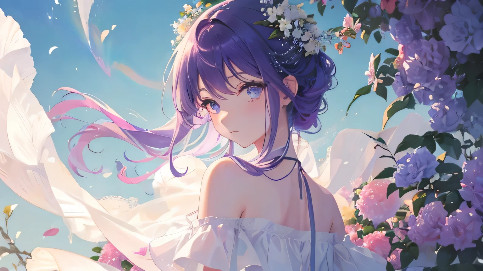 (High quality, 8K), watercolor paiting, (Soft light), lots of flower, A woman, Simple white dress, rainbow color hair, Girl with purple hair, detailed eyes