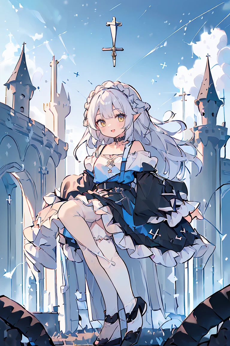 1 girl, solo, full body, standing, background with((fantasy world, ruins, fort, beautiful sky, shining sky, sunshine, castle:1.55)), girl with(((medium hair, long hair, one side up:1.55), (camisoles, suspenders, belt, blue clothes, cross, choker, collarbone, dress, wind blowing dress, lace dress, frills camisoles, off-shoulder sleeves, half-sleeves, black pumps, black footwear:1.55), ((white legwear, single legwear:1.55)))