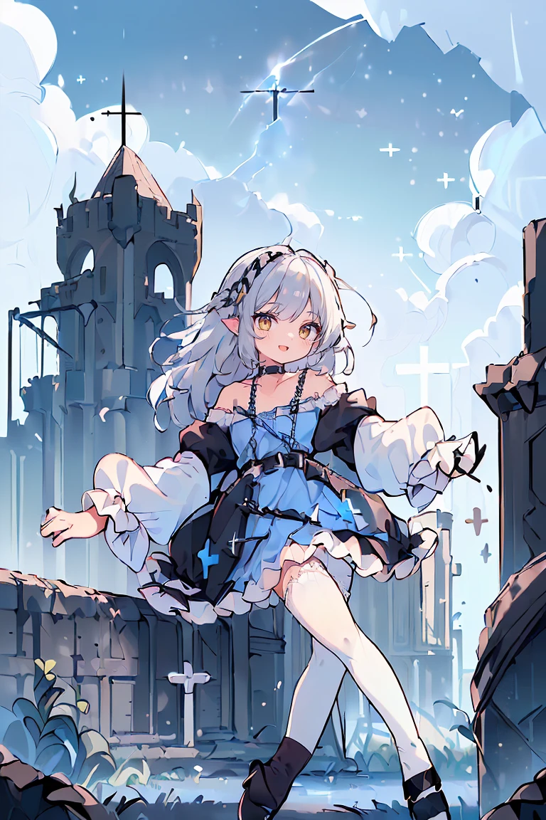 1 girl, solo, full body, standing, background with((fantasy world, ruins, fort, beautiful sky, shining sky, sunshine, castle:1.55)), girl with(((medium hair, long hair, one side up:1.55), (camisoles, suspenders, belt, blue clothes, cross, choker, collarbone, dress, wind blowing dress, lace dress, frills camisoles, off-shoulder sleeves, half-sleeves, black pumps, black footwear:1.55), ((white legwear, single legwear:1.55)))