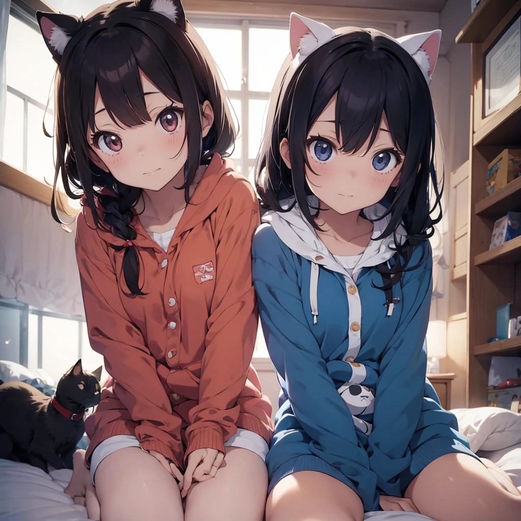 2 anime girls in a cat pajama with hoods on and 1 anime girl in a dog pajama with hood on in a cute pose in bed, looking up directly at the camera in an almost bird's eye view.