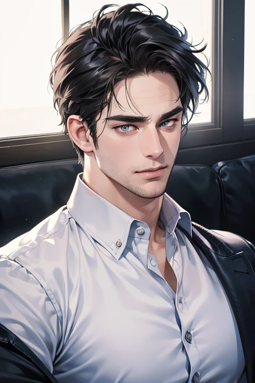 (best quality,4k,8k,highres,masterpiece:1.2),ultra-detailed,(realistic,photorealistic,photo-realistic:1.37),30 year old man,3 day beard,handsome anime,portraits,strong,masculine,dark hair,sharp jawline,mesmerizing eyes,perfectly styled hair,cool anime outfit,confident expression,vibrant colors,dynamic lighting, CEO and expression smile in love.