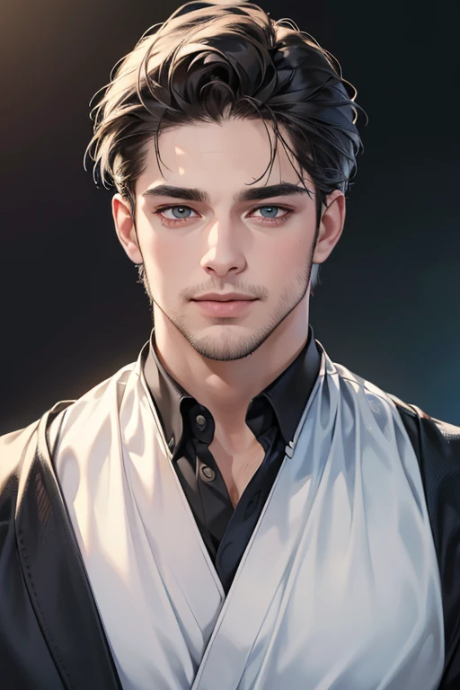 (best quality,4k,8k,highres,masterpiece:1.2),ultra-detailed,(realistic,photorealistic,photo-realistic:1.37),30 year old man,3 day beard,handsome anime,portraits,strong,masculine,dark hair,sharp jawline,mesmerizing eyes,perfectly styled hair,cool anime outfit,confident expression,vibrant colors,dynamic lighting, CEO and expression smile in love.