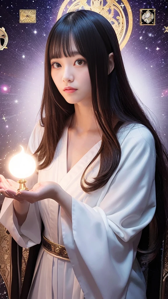 Tarot readingをする謎の女性,Tarot reading,Cute face,Blunt bangs, Straight hair, Shiny Hair,Medieval Mystery Costume,Mysterious fortune teller,The mysterious hermit,White magician,Magic Light,albino,Red eyes,Red glowing eyes,Magical Power,