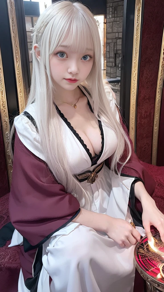 Tarot readingをする謎の女性,Tarot reading,Cute face,Blunt bangs, Straight hair, Shiny Hair,Medieval Mystery Costume,Mysterious fortune teller,The mysterious hermit,White magician,Magic Light,albino,Red eyes,Red glowing eyes,Magical Power,