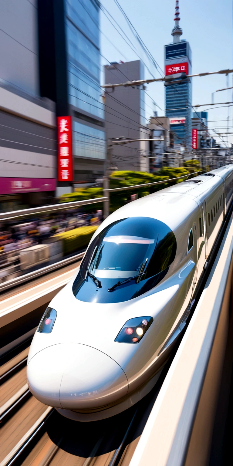 Bullet train speeding in Tokyo, motion blur, city of Tokyo, best quality, close-up view