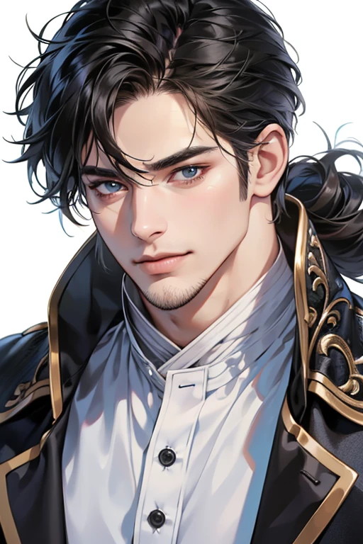 (best quality,4k,8k,highres,masterpiece:1.2),ultra-detailed,(realistic,photorealistic,photo-realistic:1.37),30 year old man,3 day beard,handsome anime,portraits,strong,masculine,dark hair,sharp jawline,mesmerizing eyes,perfectly styled hair,cool anime outfit,confident expression,vibrant colors,dynamic lighting, CEO and expression smile in love.