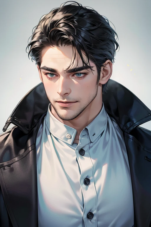(best quality,4k,8k,highres,masterpiece:1.2),ultra-detailed,(realistic,photorealistic,photo-realistic:1.37),30 year old man,3 day beard,handsome anime,portraits,strong,masculine,dark hair,sharp jawline,mesmerizing eyes,perfectly styled hair,cool anime outfit,confident expression,vibrant colors,dynamic lighting, CEO and expression smile in love.