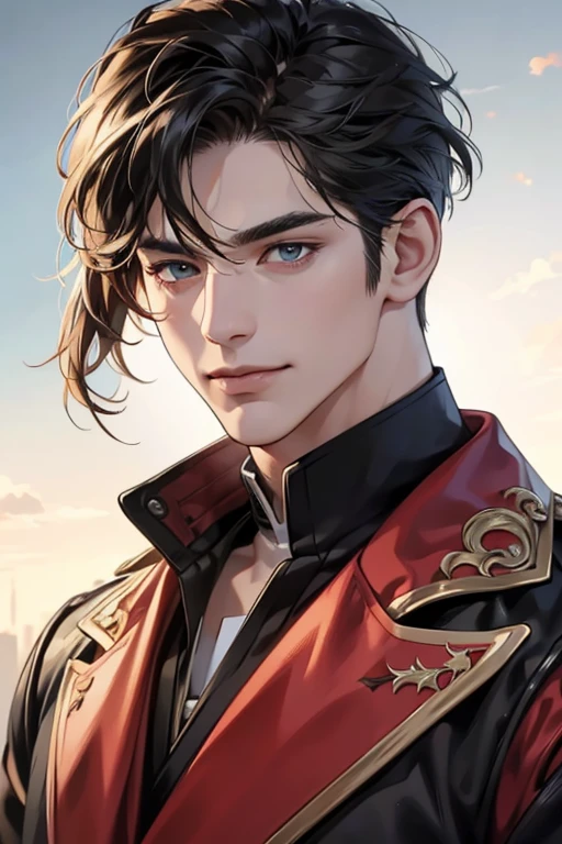 (best quality,4k,8k,highres,masterpiece:1.2),ultra-detailed,(realistic,photorealistic,photo-realistic:1.37),30 year old man,3 day beard,handsome anime,portraits,strong,masculine,dark hair,sharp jawline,mesmerizing eyes,perfectly styled hair,cool anime outfit,confident expression,vibrant colors,dynamic lighting, CEO and expression smile in love.
