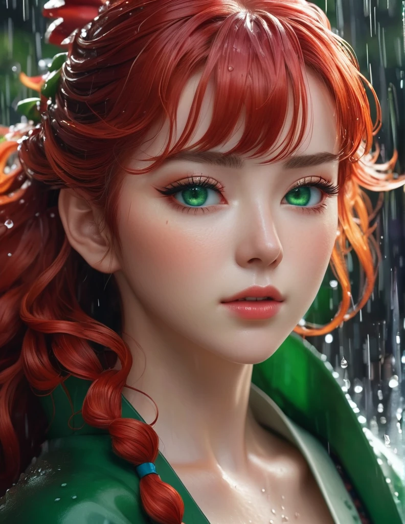 quality(8k wallpaper of extremely detailed CG unit, ​masterpiece, hight resolution, top-quality, top-quality real texture skin,hyper realisitic, digitial painting,increase the resolution,RAW photos，best qualtiy,highly detailed,the wallpaper),BREAK,8K, onmyoji-style art style , full face, curly bangs long red hair , green eyes, sheath dress, close up shot, raining, repelling water, wet hair, 
