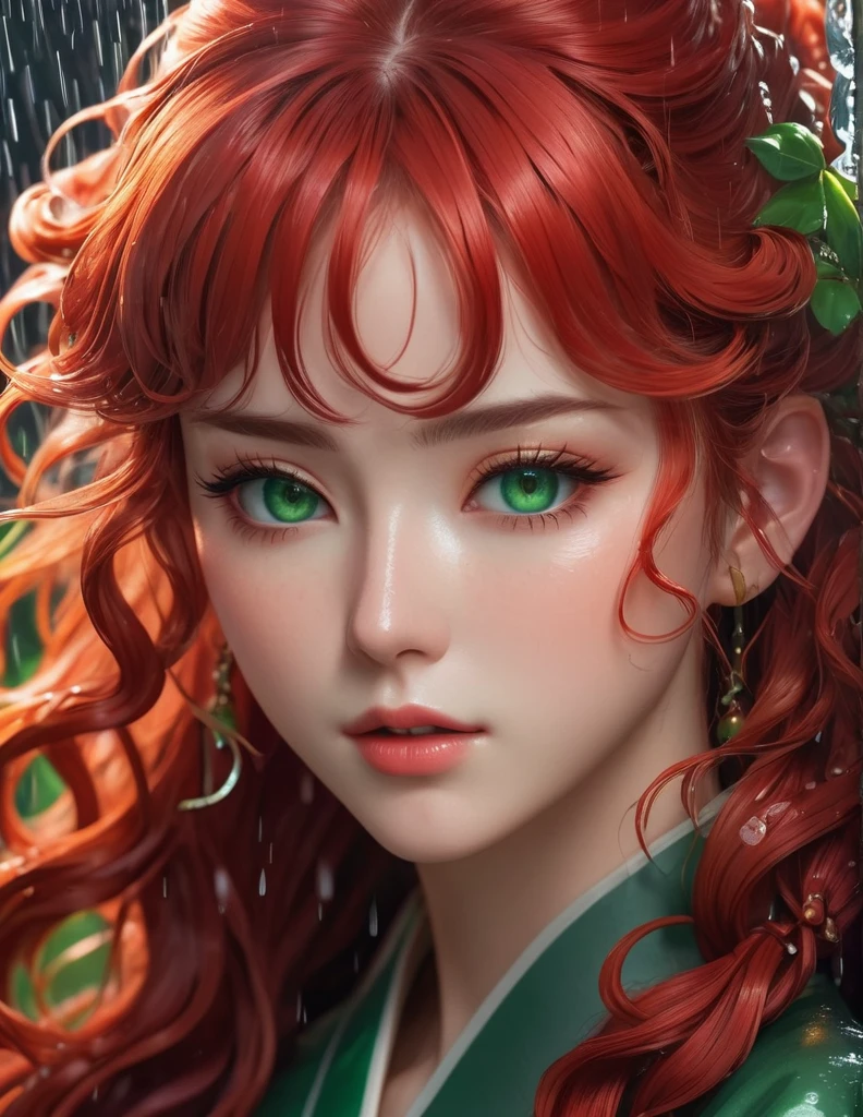 quality(8k wallpaper of extremely detailed CG unit, masterpiece, hight resolution, top-quality, top-quality real texture skin,hyper realisitic, digitial painting,increase the resolution,RAW photos,best qualtiy,highly detailed,the wallpaper),BREAK,8K, onmyoji-style art style , full face, curly bangs long red hair , green eyes, sheath dress, close up shot, raining, repelling water, wet hair,
