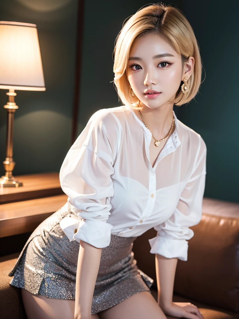 a beautiful young korean idol woman, 1girl, detailed eyes, beautiful detailed lips, long eyelashes, extremely detailed face and skin, flawless makeup, elegant expression, intricate jewelry, detailed clothing, complex background, (best quality,4k,8k,highres,masterpiece:1.2),ultra-detailed,(realistic,photorealistic,photo-realistic:1.37),studio lighting,HDR,vivid colors,professional photography,short bob,blonde hair,mini skirt,white shirt