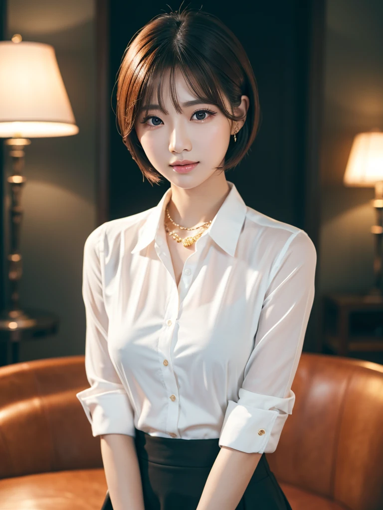 a beautiful young korean idol woman, 1girl, detailed eyes, beautiful detailed lips, long eyelashes, extremely detailed face and skin, flawless makeup, elegant expression, intricate jewelry, detailed clothing, complex background, (best quality,4k,8k,highres,masterpiece:1.2),ultra-detailed,(realistic,photorealistic,photo-realistic:1.37),studio lighting,HDR,vivid colors,professional photography,short bob,blonde hair,mini skirt,white shirt