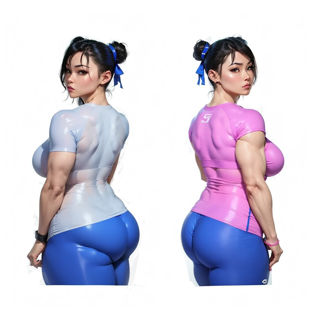 SF6 Chun-Li pose with both hand on hips booty at camera flaunting wearing Royal Blue shirt and thin grey Leggings thats the a exact same material as nitrile butadiene rubber gloves Thighs Buttocks Streetfighter Buruma Gravure shirt Japanese gym shoes pantyline