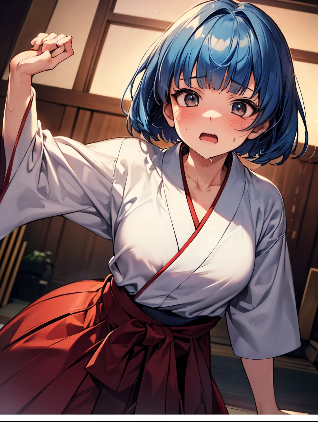1 girl, Solo, , cute girl, Best Quality, masterpiece, 8K, High resolution, Ultra-detailed, ((cinematic angle, dynamic pose)), blue hair, bob
hair, blunt bangs, (painful, scared), sweat, (shrine maiden costume, white kimono, red hakama, hakama skirt),