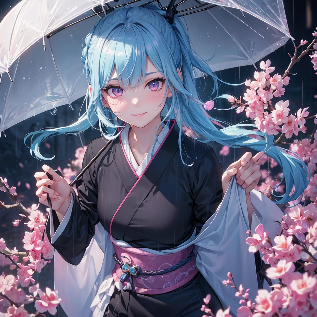 sky Blue hair, (braided ponytail),(pink eyes),fair skin ,(full body),(1 girl),smile,Straight Bangs,(masterpiece, best quality, ultra-detailed, best shadow), (detailed background), (beautiful detailed face), high contrast, (best illumination, an extremely delicate and beautiful), ((cinematic light)), colorful, hyper detail, dramatic light, intricate details,rain shower,kyoto,Japanese Umbrella,black kimono,
