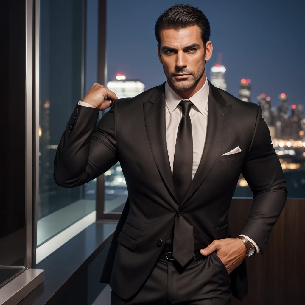 (absurdres, highres, ultra detailed, realistic, ), 1 male, solo, adult, mature, tall muscular guy, broad shoulders, handsome, very short hair, black hair, brown eyes, angular jaw, thick neck, thick eyebrows, night, dark, the night view of the city background, formal suit, necktie, upper body