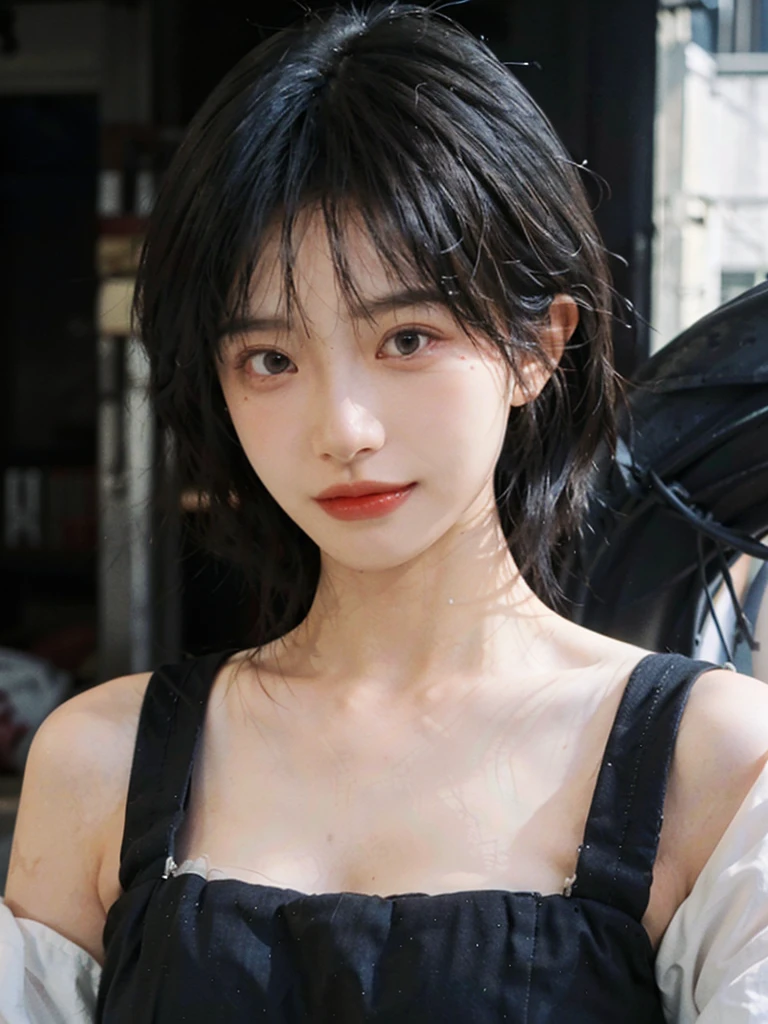 (Skin details:1.4), (smooth skin textures:1.3), （Upper body：1.4），（Upper Body：1.3）Lipstick, background, earrings, serene, calm, Suspenders，(Realistic and detailed eyes：1.2）, Natural skin texture, Realistic facial details, Soft dramatic lighting, Vivid details, 35 mm film, outdoor, (Photo Practical:1.4), (hyper Practical:1.4), (Practical:1.3), (Smoother lighting:1.05), (Improve lighting quality:0.9), (Highest quality real skin textures:1.4), Exquisite eyes, Delicate face, Close-up of face, (Enhance the beauty of skin texture:1.1), Hair details,（Large Breasts：1.3）normal body ratio, short hair, Moles under the eyes, A faint smile,Portrait Photography, Depth of Field, Bokeh, Surrealism, Ray Tracing, (Portrait Photography:1.1), Surrealism, High Detail, Chiaroscuro, Ray Tracing, reflected light, Ultra HD, Ultra HD, masterpiece, Textured Skin, Super Detail, High Detail, high quality, best quality