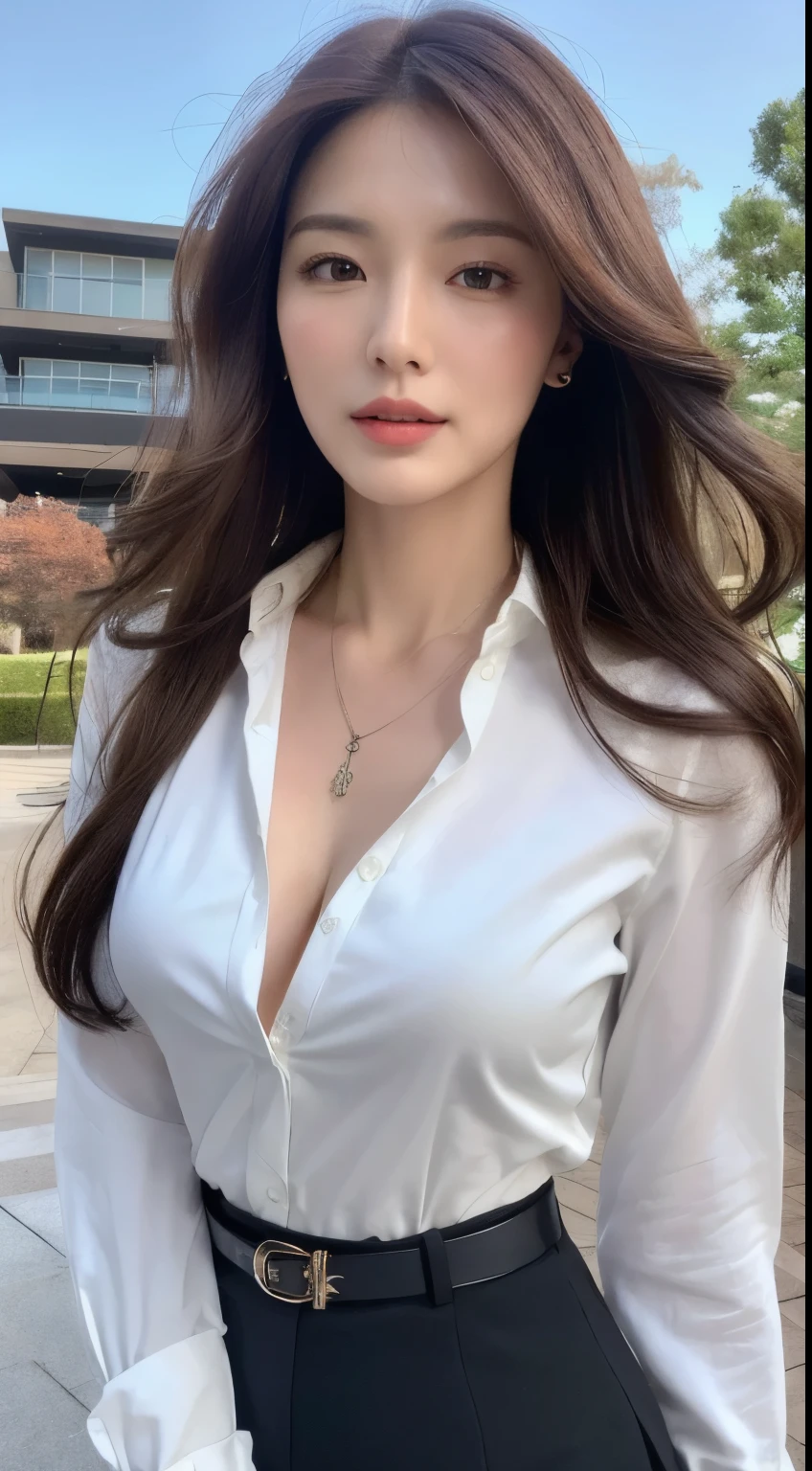 (Best quality, High resolution, Masterpiece :1.3), A tall and pretty woman, Slender abs, Dark brown hair styled in loose waves, Breasts, Wearing pendant, White button up shirt, Belt, Black skirt, (Modern architecture in background), Details exquisitely rendered in the face and skin texture, Detailed eyes, Double eyelid