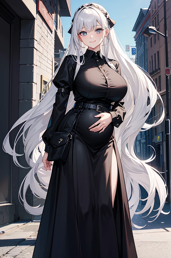 masterpiece, best quality, high resolution,Long hair, Weaving, Hair accessories, transparent, Black shirt, White jacket, Long sleeve, Sleeves past the wrist, belt, Black skirt, Long skirt, Side slits, Thigh straps, Everlasting, Cowboy shooting, outdoor, Smile,(pregnant,Huge breasts:1.8)