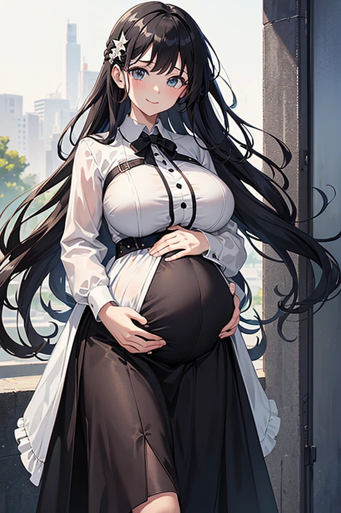 masterpiece, best quality, high resolution,Long hair, Weaving, Hair accessories, transparent, Black shirt, White jacket, Long sleeve, Sleeves past the wrist, belt, Black skirt, Long skirt, Side slits, Thigh straps, Everlasting, Cowboy shooting, outdoor, Smile，(pregnant，Huge breasts：1.8)