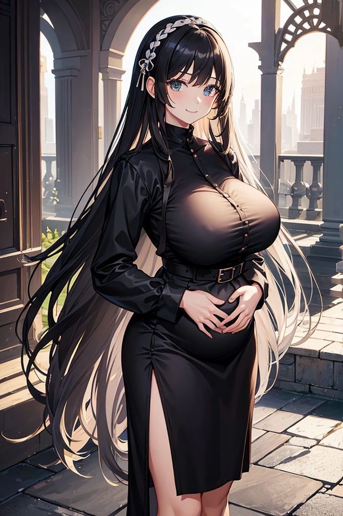 masterpiece, best quality, high resolution,Long hair, Weaving, Hair accessories, transparent, Black shirt, White jacket, Long sleeve, Sleeves past the wrist, belt, Black skirt, Long skirt, Side slits, Thigh straps, Everlasting, Cowboy shooting, outdoor, Smile,(pregnant,Huge breasts:1.8)