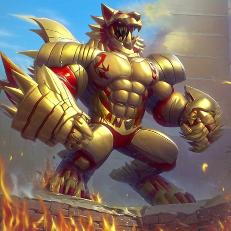 (masterpiece. official art. 8k. best quality. detailed full body. full body.)

(situation 1 : dominating The Phoenix Wolf. The Phoenix Wolf is over 1000 meters long. focus GIANT mechanical Muscular The Phoenix Wolf is trampling the car. Looking down.)

(situation 2 :smoke and flames rising from the destruction in the city)

(Additional details 1: Wearing golden Armor. Cape. Helmet. real texture material. whole body shines like metal. emphasizes the muscles. suit fully made of metal.Robotic suit. no face.).

(Additional details 1.5: The arms are golden. The lower half of the body is golden. The wolf-shaped helmet has sharp fangs. The whole body is golden. The chest area is also golden. There is a ring above the head.).

(Additional details 2: Detailed head. Detailed Body. Detailed abs. gigantic muscles. HYPER MUSCLES. Gigachad Muscular. big muscle. pecs. triceps. traps. unusually developed muscular body. body full of huge muscles. showing off muscles. pectorales enormes. Exaggeratedly huge muscles. huge muscles. long legs.).

(Additional details 3: Spread wings. It has wings. The claws are sharp. Sharp teeth.). He is laughing defiantly. The claws are sharp. Sharp teeth.). 