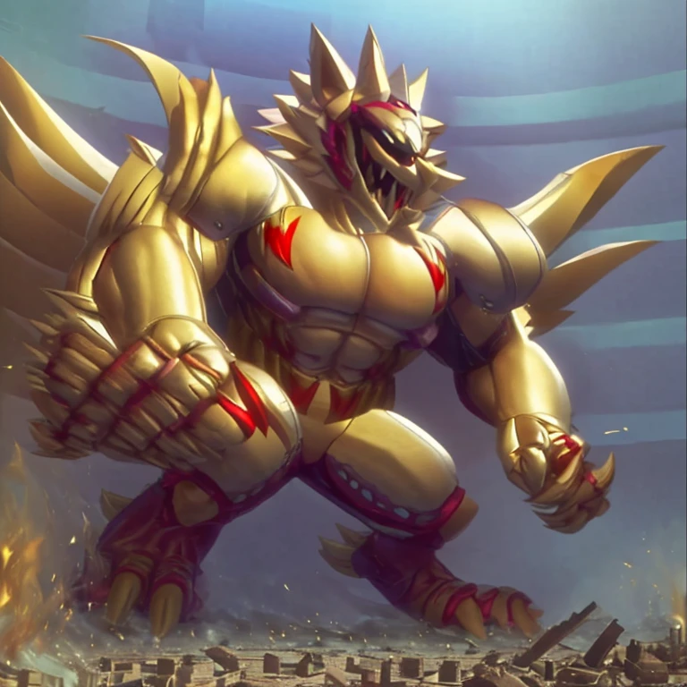 (masterpiece. official art. 8k. best quality. detailed full body. full body.)

(situation 1 : dominating The Phoenix Wolf. The Phoenix Wolf is over 1000 meters long. focus GIANT mechanical Muscular The Phoenix Wolf is trampling the car. Looking down.)

(situation 2 :smoke and flames rising from the destruction in the city)

(Additional details 1: Wearing golden Armor. Cape. Helmet. real texture material. whole body shines like metal. emphasizes the muscles. suit fully made of metal.Robotic suit. no face.).

(Additional details 1.5: The arms are golden. The lower half of the body is golden. The wolf-shaped helmet has sharp fangs. The whole body is golden. The chest area is also golden. There is a ring above the head.).

(Additional details 2: Detailed head. Detailed Body. Detailed abs. gigantic muscles. HYPER MUSCLES. Gigachad Muscular. big muscle. pecs. triceps. traps. unusually developed muscular body. body full of huge muscles. showing off muscles. pectorales enormes. Exaggeratedly huge muscles. huge muscles. long legs.).

(Additional details 3: Spread wings. It has wings. The claws are sharp. Sharp teeth.). He is laughing defiantly. The claws are sharp. Sharp teeth.). 