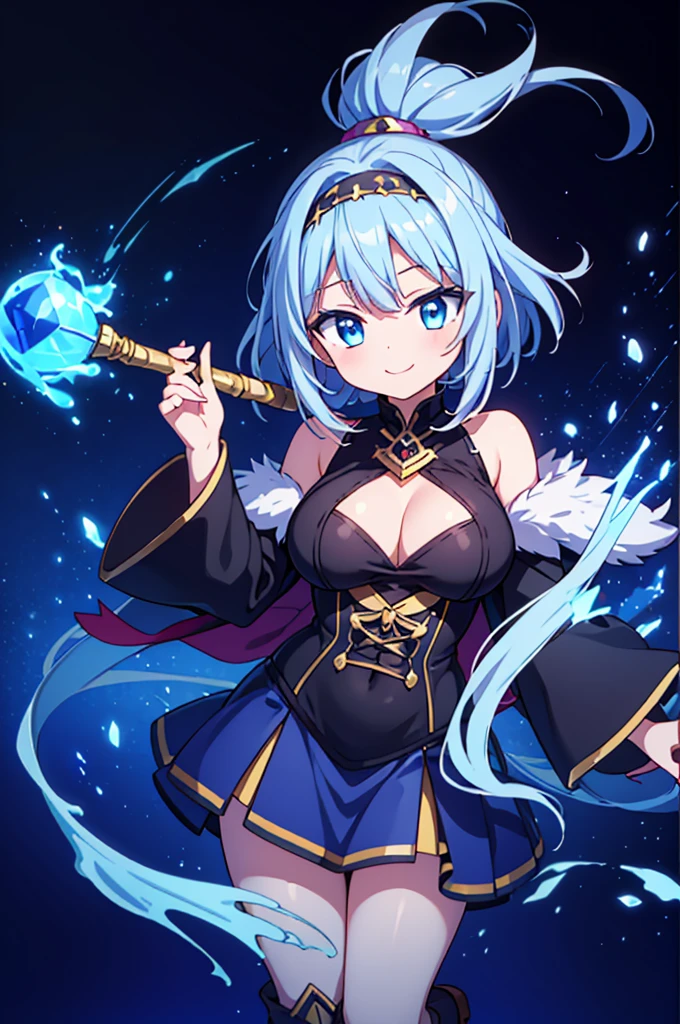 1 girl、Silver Hair、ponytail、Fantasy、witch、Blue clothes、Purple decoration、accessories、Villain、(Long magic wand)、Bigger breasts、Upper body exposed、Lots of fabric on the lower body