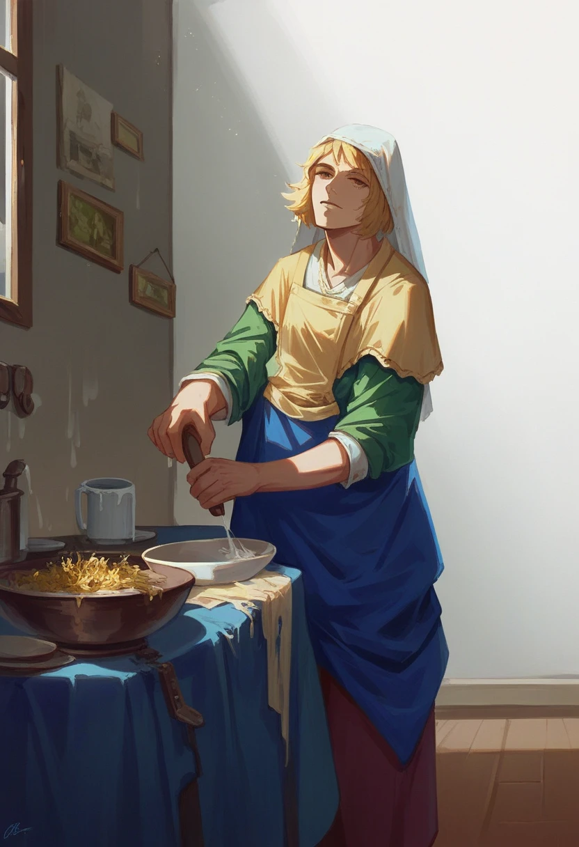 arafed woman pouring milk from a jug in a kitchen, by Vermeer, vermeer painting, by Johannes Vermeer, inspired by Johannes Vermeer, jan vermeer, ( ( ( ( ( vermeer ) ) ) ) ), inspired by Vermeer, vermeer lighting, dutch masterpiece, johannes vemeer, vermeer and caravaggio, dutch style painting