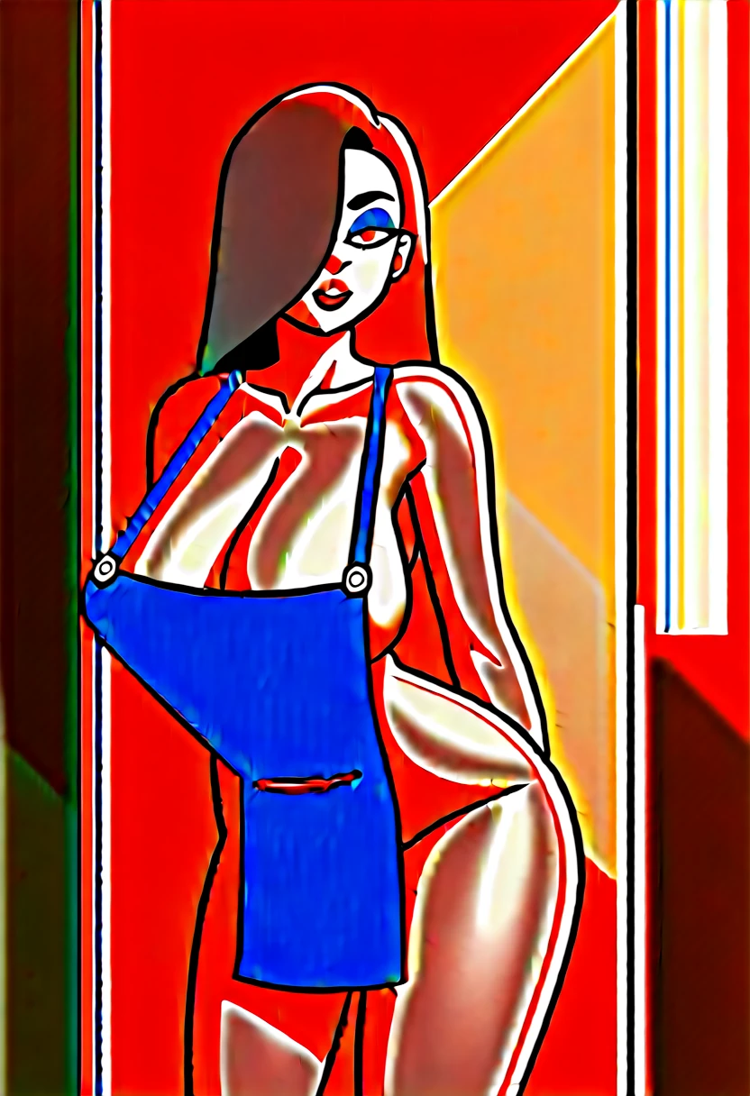 Jessica Rabbit is saying goodbye to a fat young man who is going to work, she has big tits and a big ass, she is naked and only wears a light blue apron, they are at the exit door of the house, he is wearing a shirt and a tie and holds a portfolio