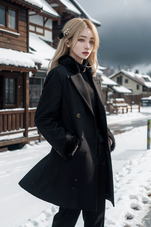 Cynthia,Long blonde hair, hair ornaments, Hair on one eye, Grey Eyes, Black coat, Black trousers,Fur collar, View your viewers, Severe, Are standing, Medium Shot, Snowstorm, cloudy, winter, high quality, masterpiece,  黒いhair ornaments