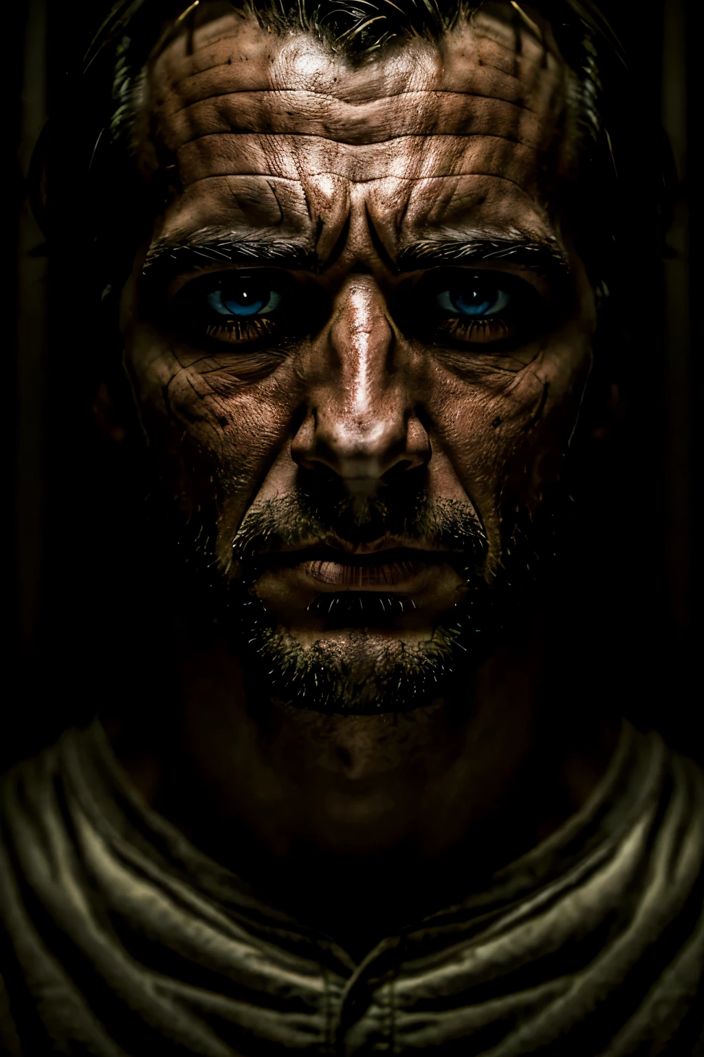 "A close-up image of a man with wide, nervous eyes, looking slightly unhinged. The setting is a dark room with flickering candlelight. The man has a determined expression, as if trying to prove his sanity."